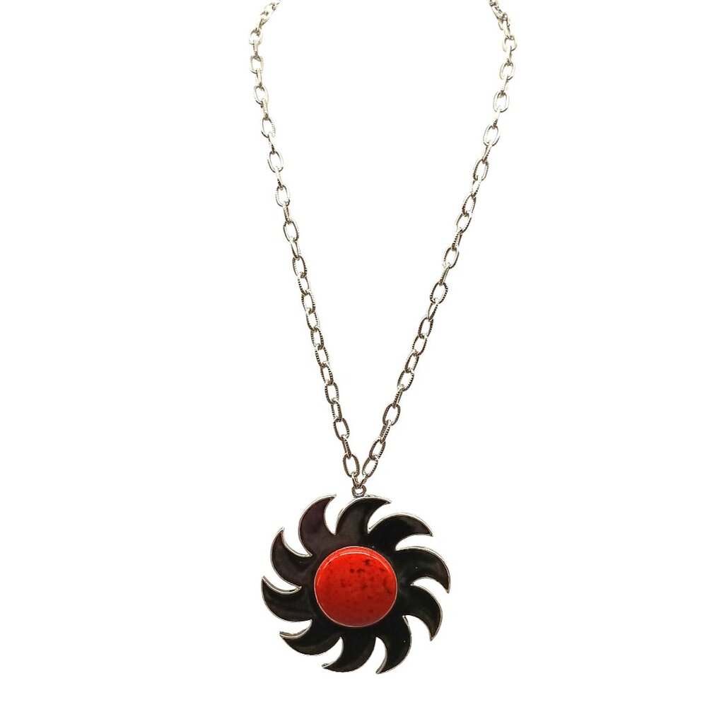 Large Vintage Celebrity Statement Pendant Necklace, Silver-Tone & Red Whirling